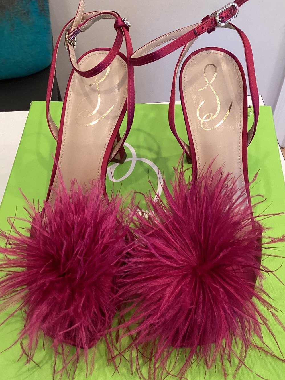 Sam Edelman Pink Feather Pom Ankle-Strap Heels